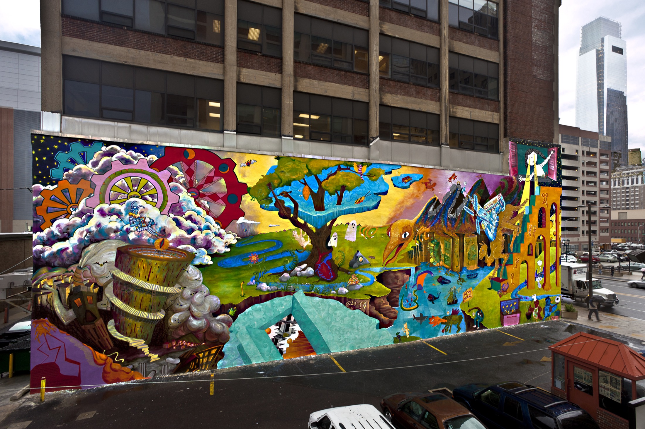 Neighborhood revitalization mural representing community redevelopment